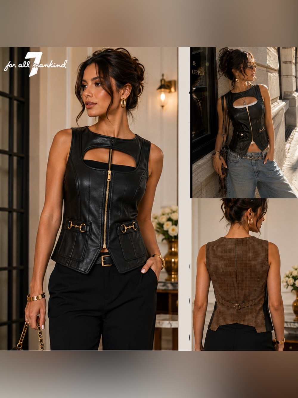7 For All Mankind Faux Leather Houndstooth Back Moto Vest Black Gold Sz S Y2K